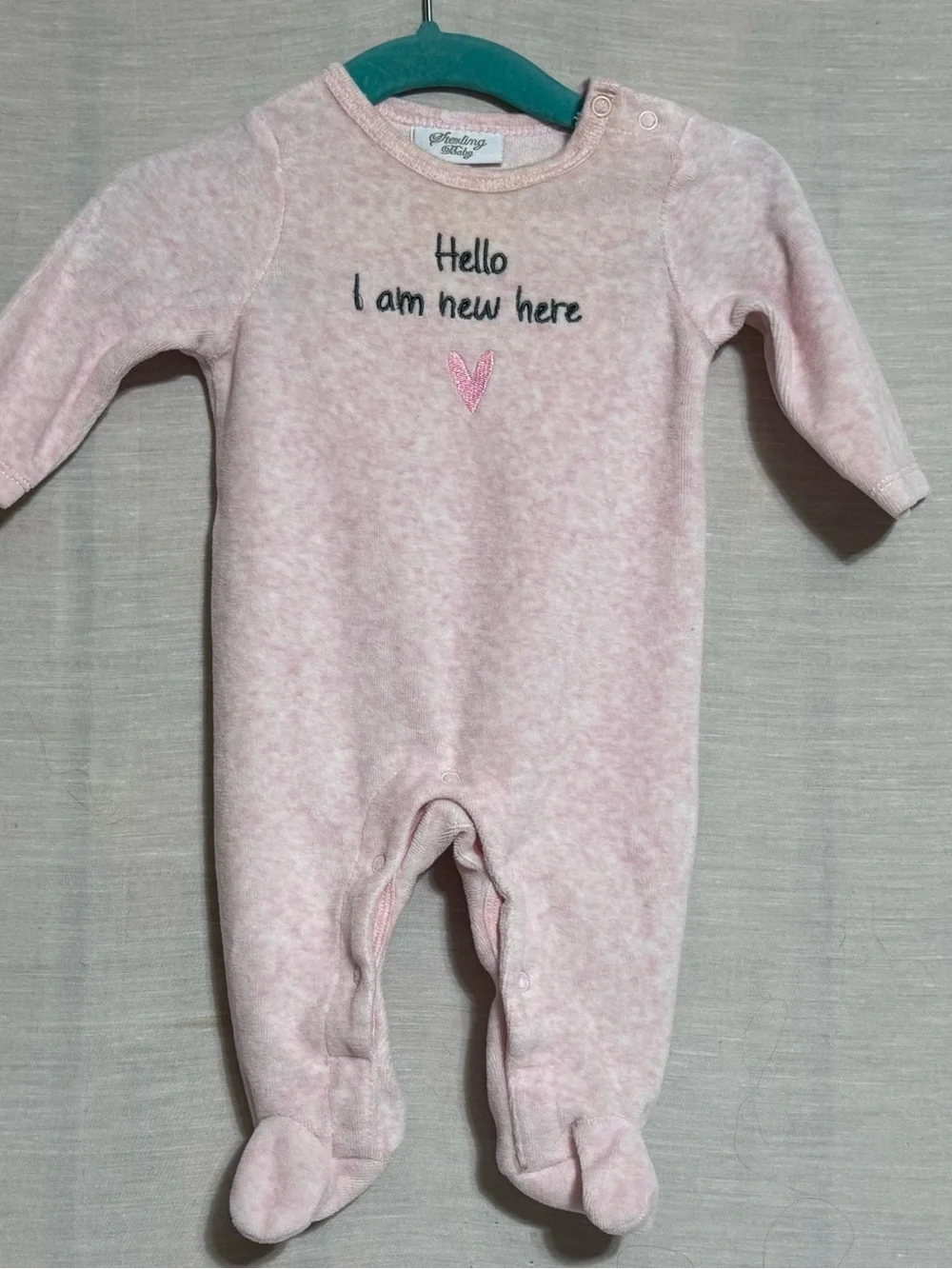 Sterling Baby 3M Pink Velour Hello I Am New Here Footed Sleeper
